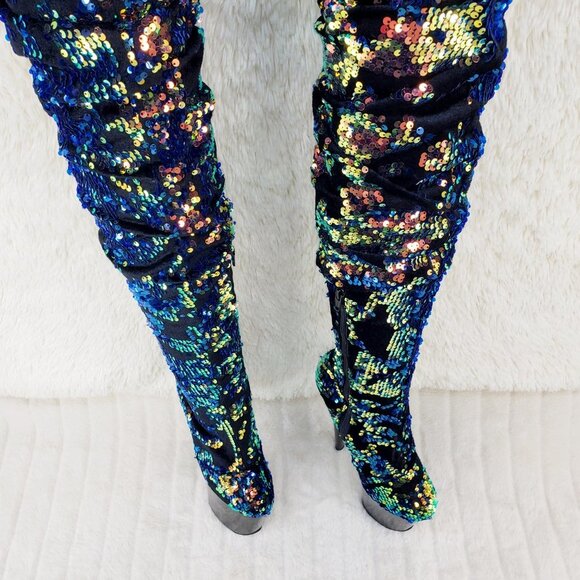 Sequin Platform 8" Heels Thigh High Slouch Boots Flamingo 3004 - Picture 15 of 16